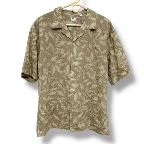 Uniqlo Khaki Leaf Print Open Collar Short Sleeve Hawaiian Shirt Men's Size XL - Picture 2 of 15